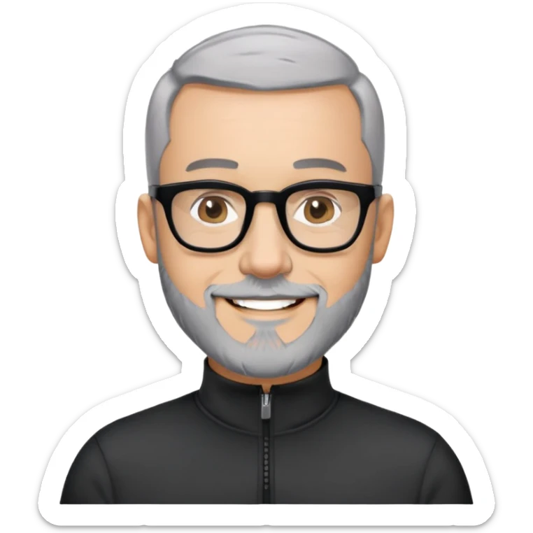 Man with light skin, buzz cut black hair, short peppered gray beard, large black-framed glasses, smiling face, black long sleeve athletic shirt with zippered high neck sticker