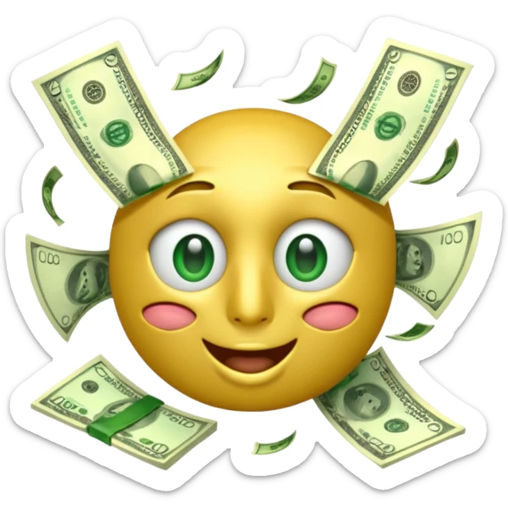 3D glossy money emoji, dollar-sign eyes, cash flying out of mouth, seamless loop, centered, transparent background sticker