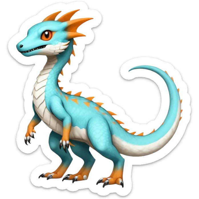 Rare realistic exotic cute white gloomy whitish and orange and cyan epic pretty beautiful handsome gorgeous aesthetic colorful vibrant Vernid-Trico-species-Fakemon-Salandit-hybrid-creature by LiLaiRa, 4 legs, 1 tail, random markings, (full body) sticker