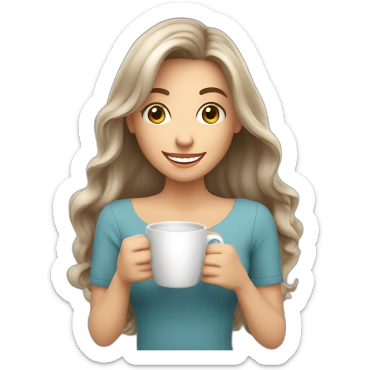 white young brunet woman with italian appearance long hair with face visible huge smile and eyes wide open holding a huge cup of coffee sticker