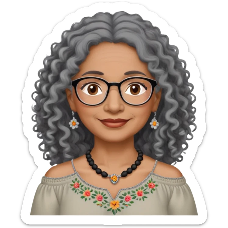Latina woman, about 55 years old, dark warm brown skin, round soft face, long curly black and gray hair, no headband, medium eyes, thin eyebrows, gentle smile, delicate eyeglasses, gray peasant blouse with embroidery, bare shoulders, large dark necklace sticker