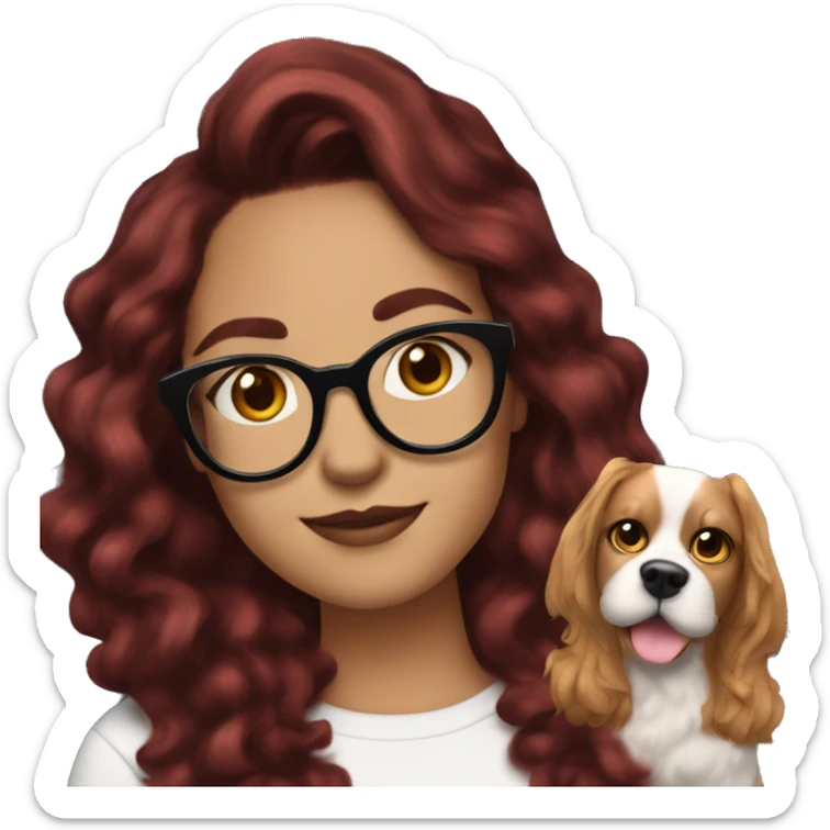 a girl with light skin , wear cat eye glasses , wavy mid length hair , dark red hair with the snapchat dog filter sticker