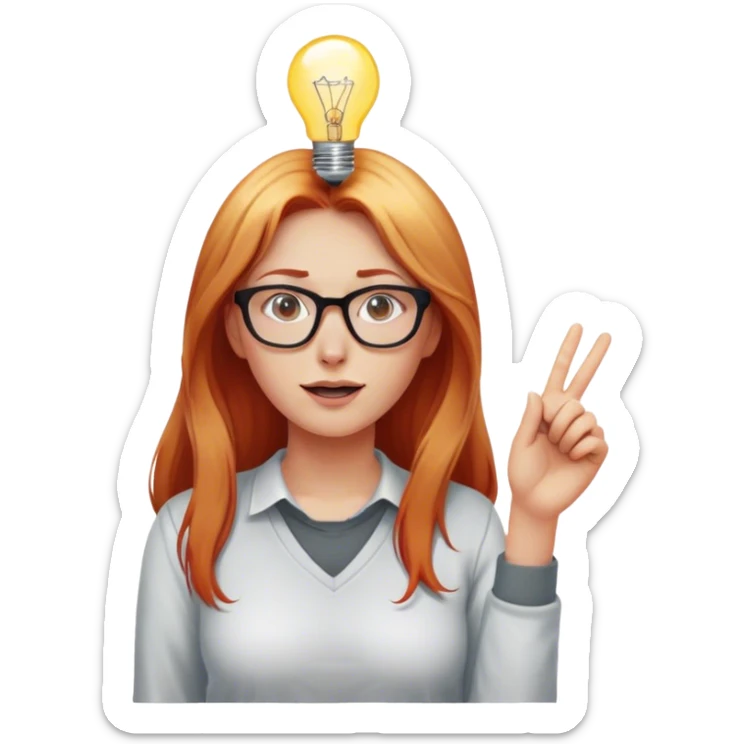 intelligent and clever, 30 year old, girl, long red and almost blond hair, glasses, has an brillant idea, one light bulb next (not over) her head in the air, casual cloth  sticker