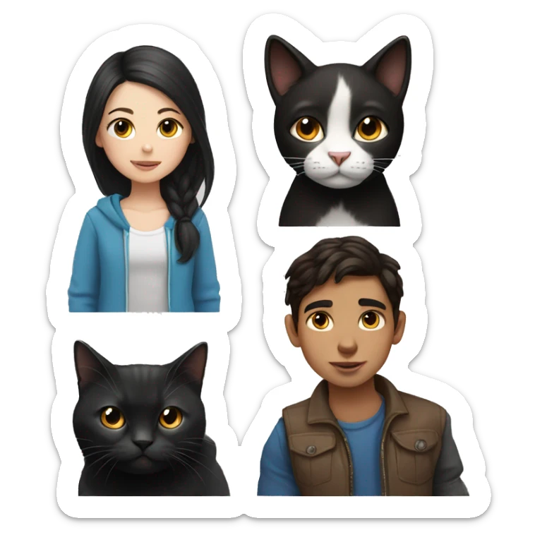 Girl and boy with dark brown hair and black and white cat sticker