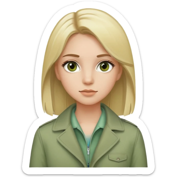 girl with straight blonde hair, fair skin, brown eyes, wearing mascara and a sage green jacket sticker