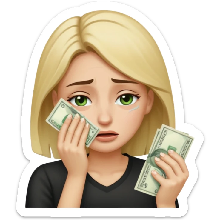 Crying Woman with tears on her face wiping her eyes with cash  sticker