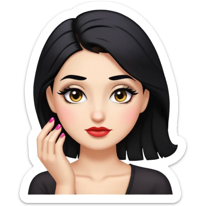 sassy smirk face looking down with makeup, black hair, one hand in hair, highly emoji-like sticker