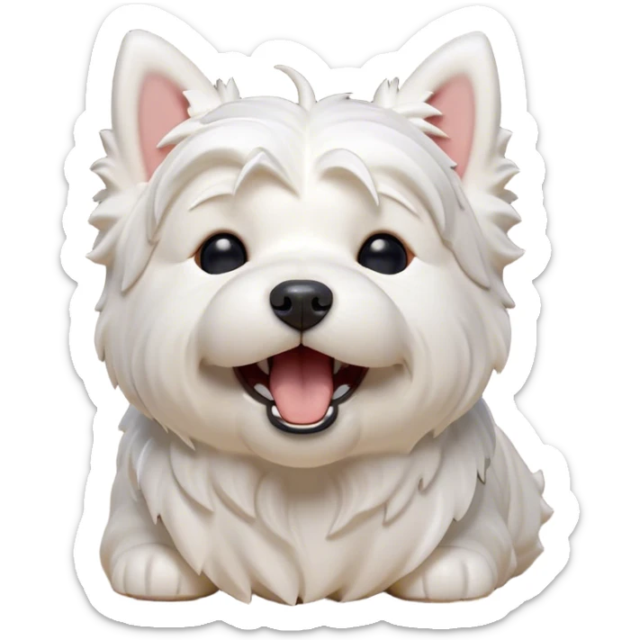 Cinematic Cute Yawning West Highland White Terrier Portrait Emoji, Head tilted slightly with a dramatic, wide-open yawn, showcasing a soft, fluffy white coat with floppy ears slightly drooping and round dark eyes barely open in drowsy contentment, Simplified yet irresistibly adorable features, highly detailed, glowing with a soft, cozy glow, high shine, relaxed yet expressive, stylized with a touch of whimsy, bright and endearing, soft glowing outline, capturing the essence of a sleepy yet affectionate companion, so drowsy it feels like it could stretch out of the screen and curl up for a nap! sticker