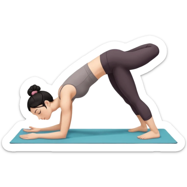 white girl with black long hair in a messy bun doing yoga position - downward facing dog sticker