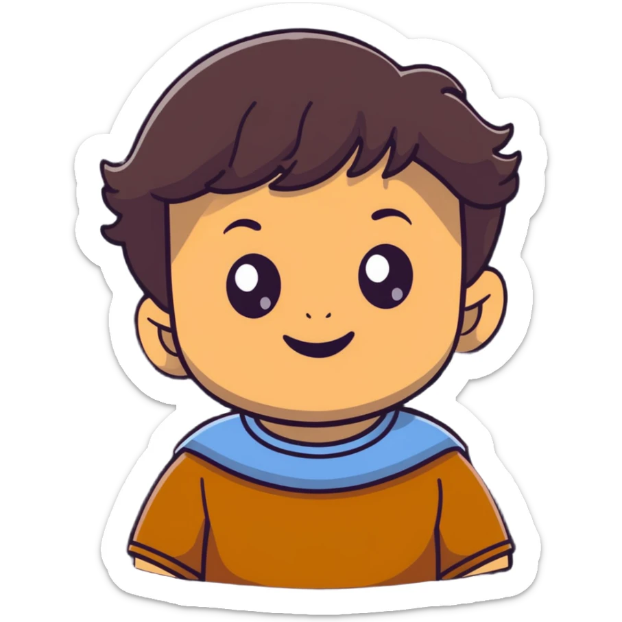 close-up of round smiling toddler face only with big eyes, medium skin tone, dark wavy hair, no neck visible, just the face sticker