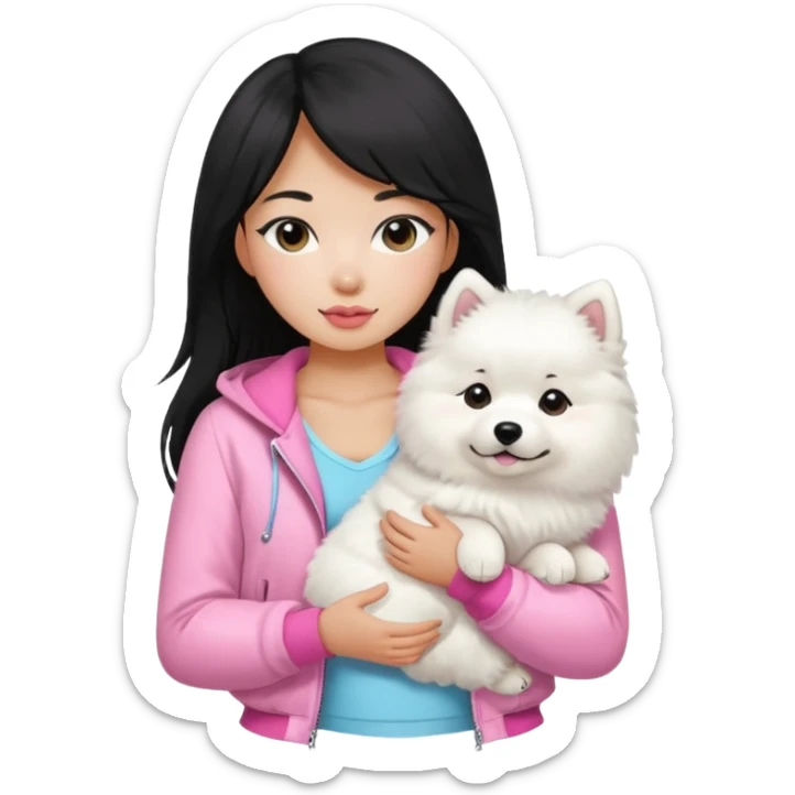 A black long hair asian pretty girl with a bright skintone using a baby pink juicy couture jacket with white tanktop holding a samoyed dog sticker