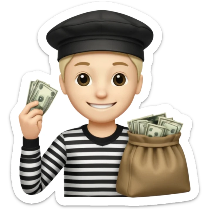 robber with 4 lines of black and white striped shirt and he has a money bag in his hand and a robber hat and he is smiling and he is whiteno money in his hand no money out of bag the bag is to the left  sticker