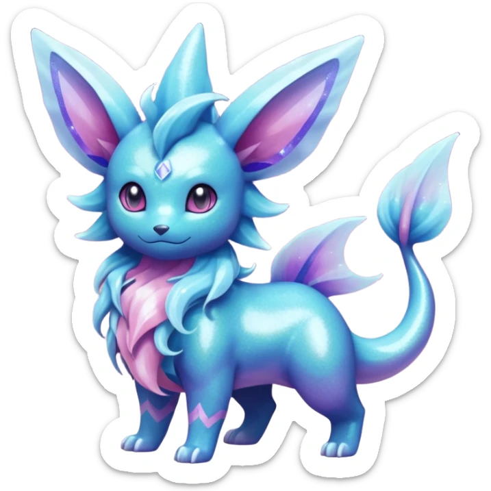 Magical pastel iridescent scaley blue-cyan-indigo-purple-violet-pink-gradients nebula shiny glittery Suicune-Vaporeon-Primarina-Amaura-Pokémon-Fakémon-fusion, full body sticker