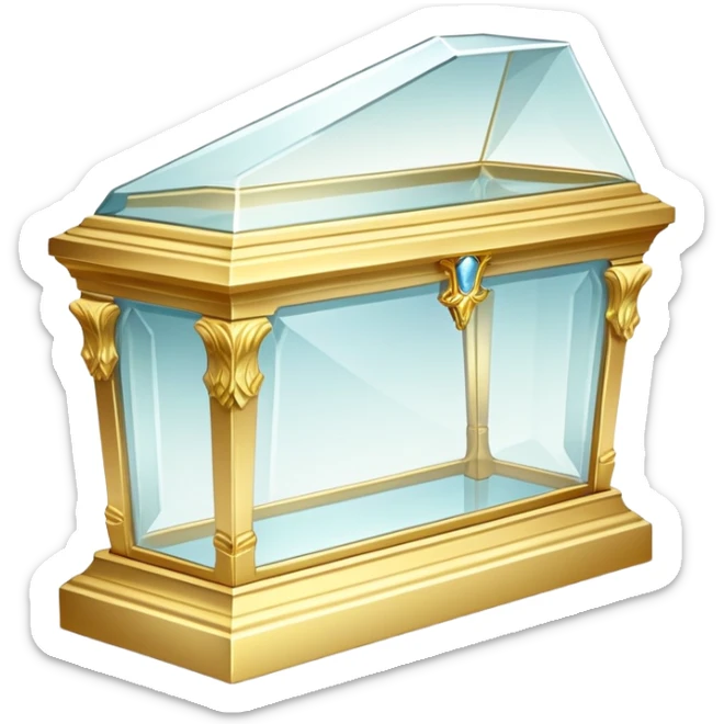 A delicate glass coffin with golden trim, resting on an ornate pedestal. Soft light reflects off the glass, adding an ethereal, fairy-tale glow sticker