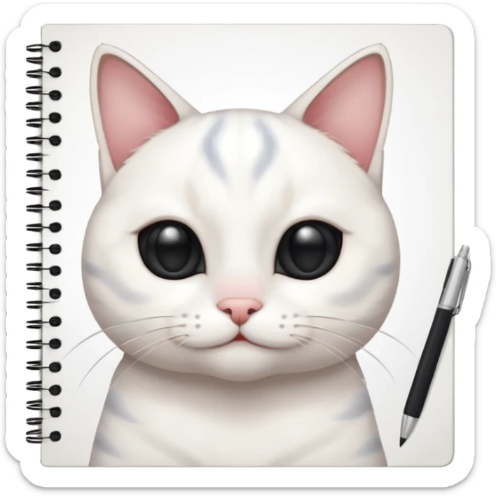 gatita blanca con manchas grandes negras en los ojos feliz en viendo una libreta con anillado sticker