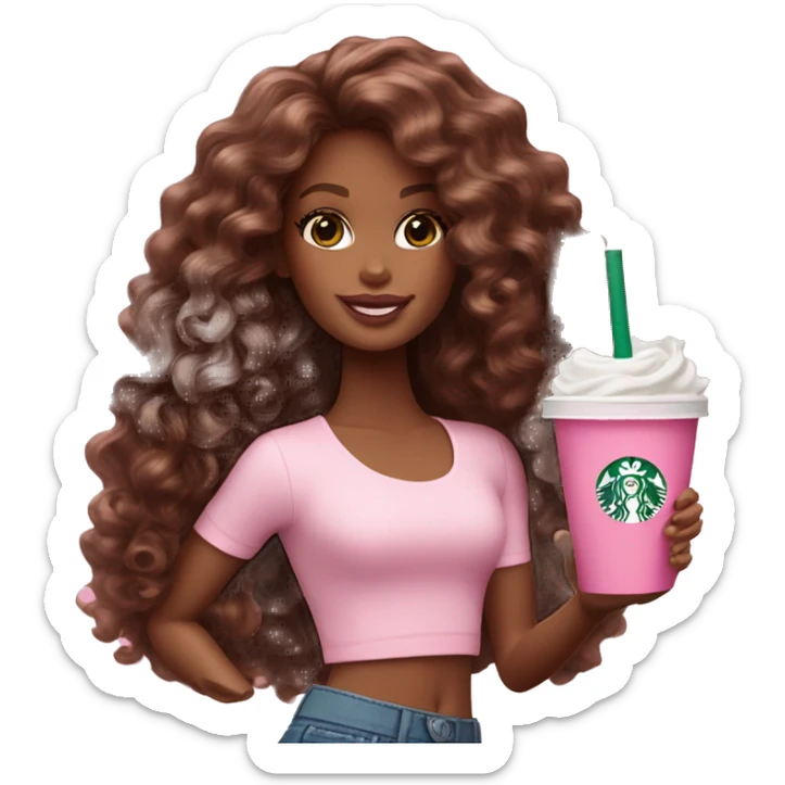 Barbie girl with brown long curly hair holding Pink starbucks refresher sticker