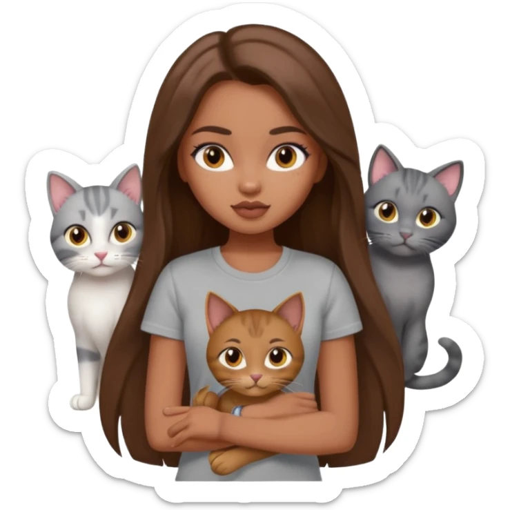 a pretty bratz dusky girl with long brown hair with four cats nd wearing a grey tshirt sticker