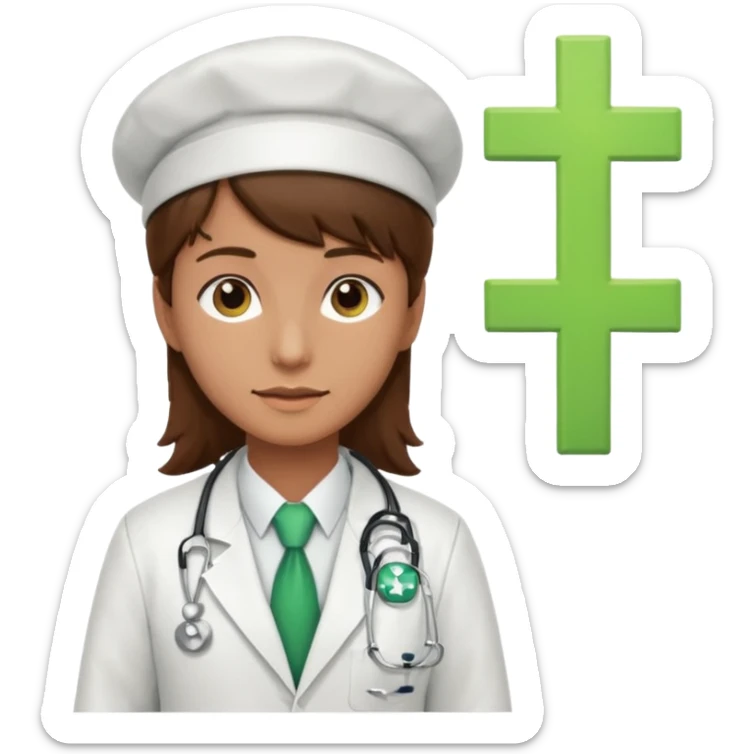 a doctor in white suit with a doctor hat with green cross brown hair sticker