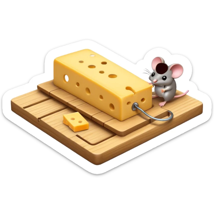 A 3D emoji in iOS emoji aesthetic style of a small mousetrap on a wooden base with a tiny gray mouse approaching a small piece of yellow cheese on it, minimal white background, bright lighting, clean and glossy Apple-style design sticker