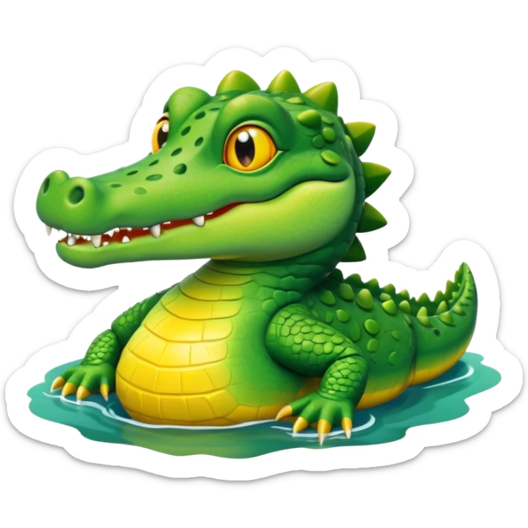 A cute 3D cartoon crocodile resting on a riverbank, part of its body in the water. Smooth rounded design, bright colors, soft lighting, friendly expression, Memoji-style realism. sticker