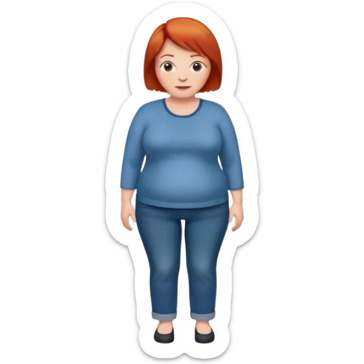 Lazy old Short woman with straight short red hair and fat tummy..wears business casual jeams and full sleeve  tshirt sticker