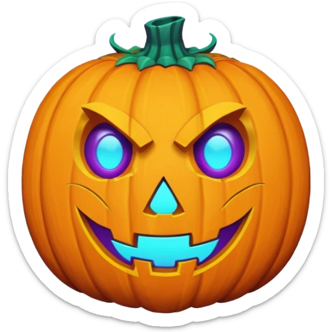 A futuristic glowing jack-o'-lantern face emoji, purple and cyan colors only, dark background sticker