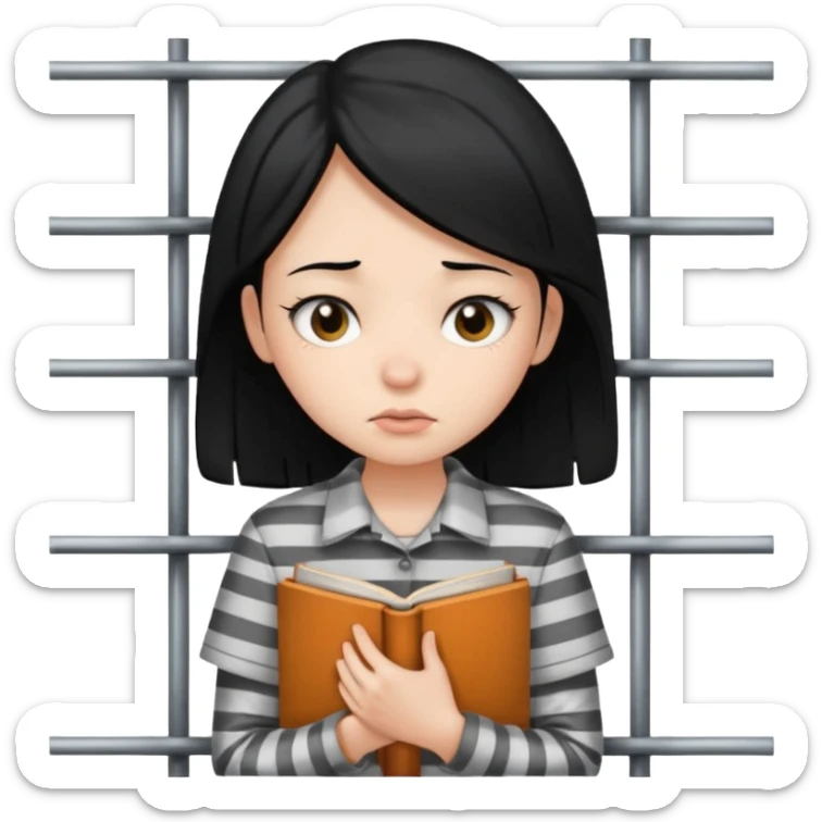 girl with black hair behind bars holding a book, casual shirt top sticker