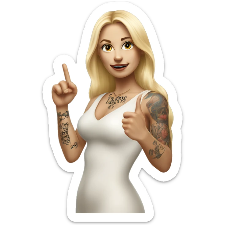 Blonde elegant women with LONG HAIR, her Body Covered with Tattoos, POINTING YOU FORWARD with her HAND with INDEX FINGER, Hyper Realistic sticker