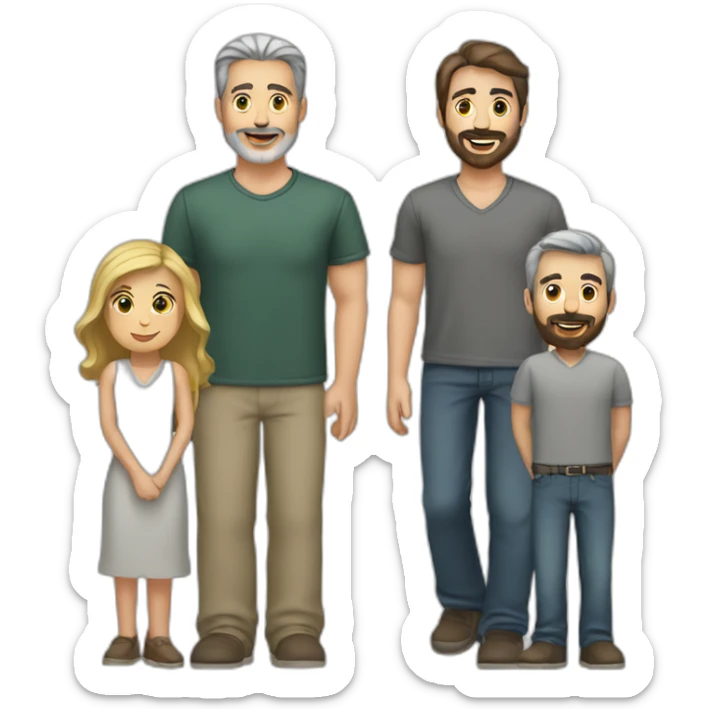 4 people man with black and gray hair, woman with straight brown hair, man with brown beard, woman with blond hair. sticker