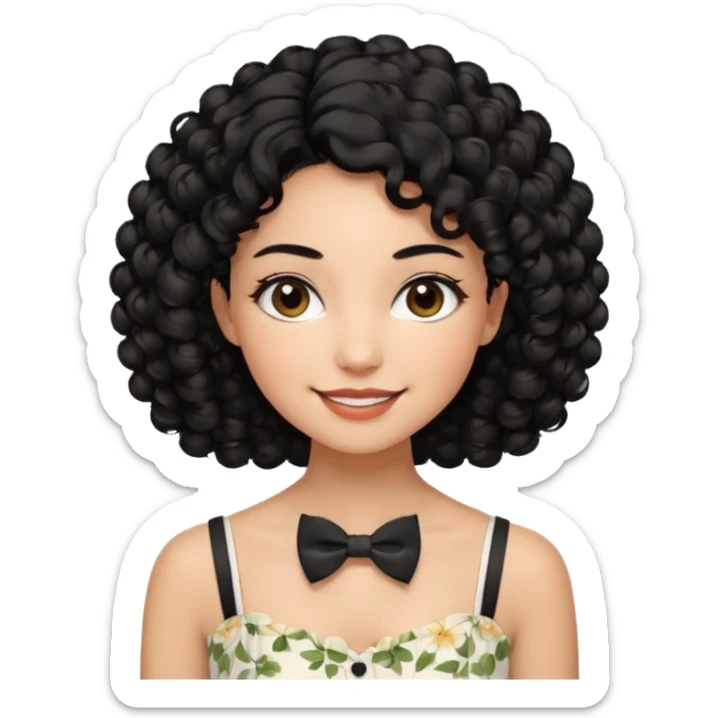 A young woman. She has voluminous, curly black hair that frames her face beautifully. Her skin tone is warm and glowing, and she has a subtle, natural makeup look. She’s smiling softly at the camera. She is wearing a white floral top with thin straps and a small bow tie detail in the front. sticker