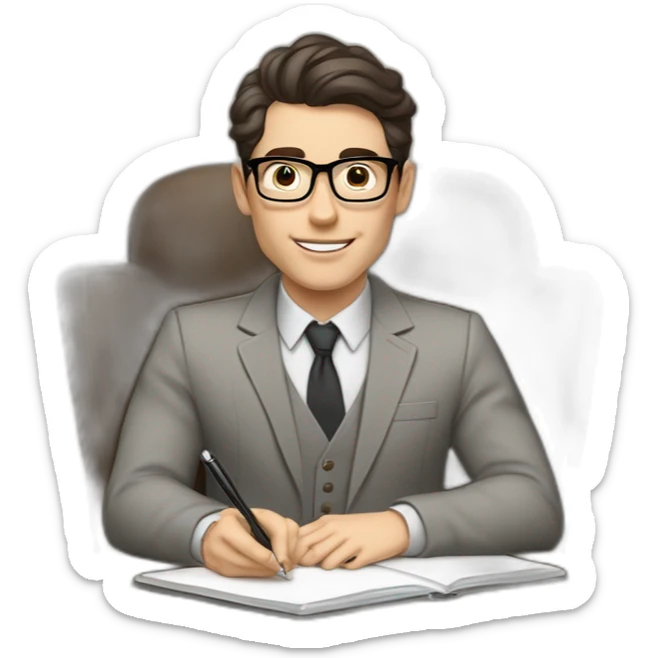 Pale skinned Fit Man With dark brown hair in gray jacket, beige office shirt and vintage glasses sitting In a soft chair with a notebook with emblem Ψ and a pen in his hands sticker