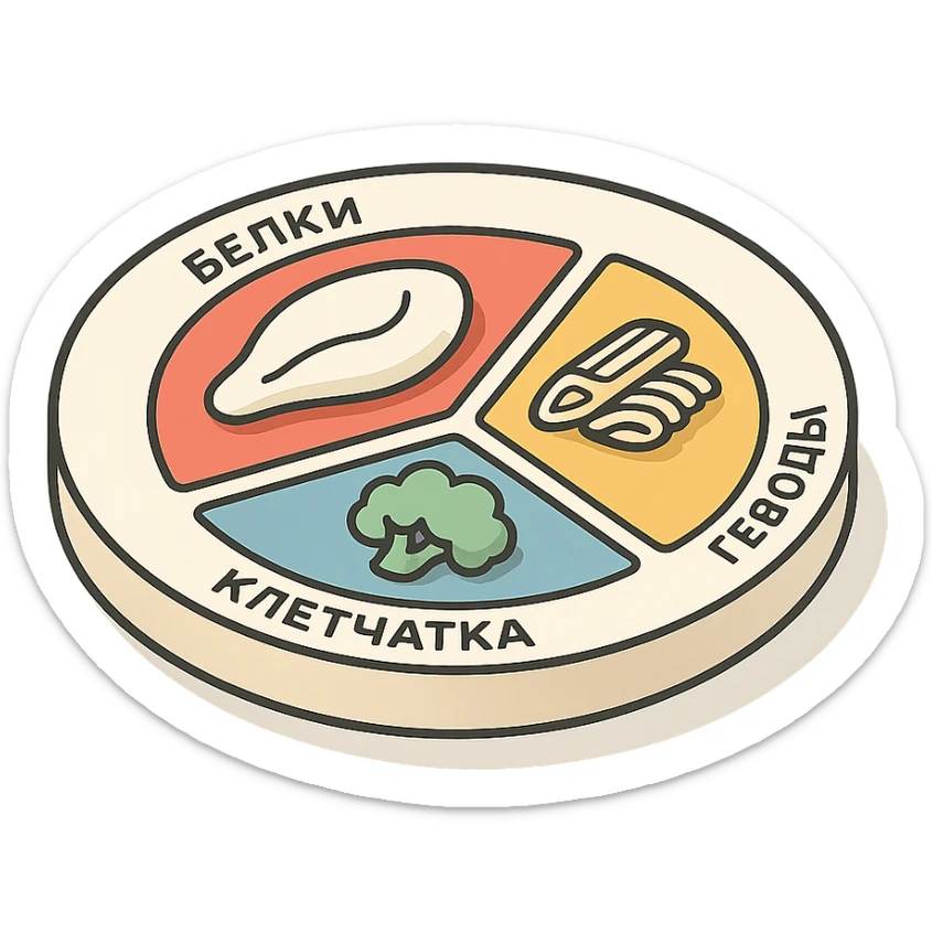 Гарвардская тарелка с тремя секциями, 2d-isometric стиль, с тенями и бликами, без руки, чистый фон. В секции белки — контурная куриная грудка, в секции углеводы — контурная паста, в секции клетчатка — контурная брокколи. Подписи по-русски: белки, углеводы, клетчатка. sticker