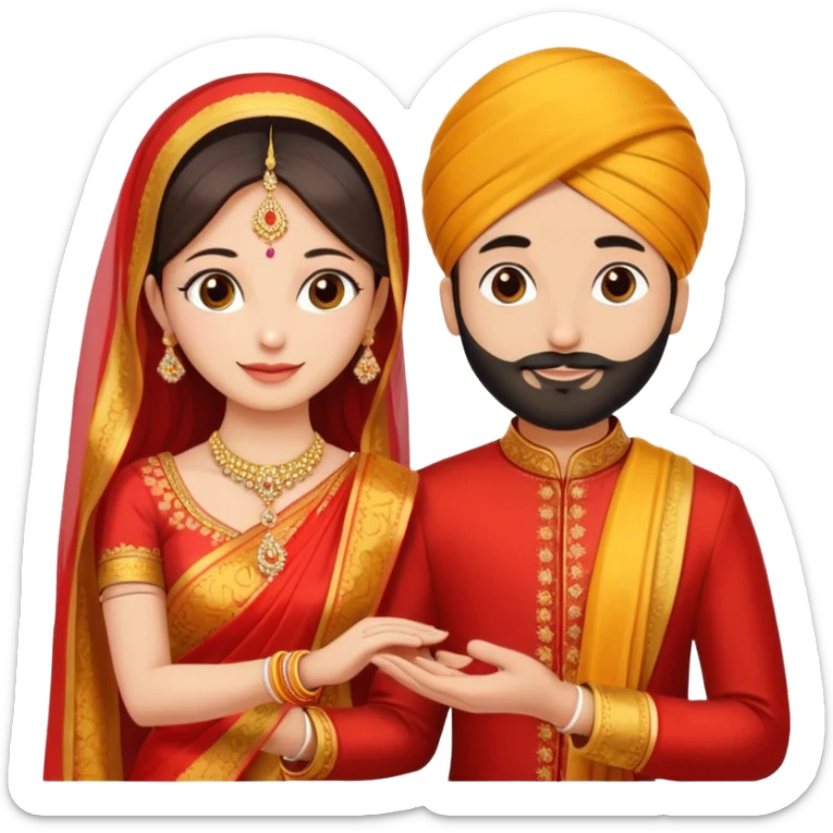 Two hands in a engagement..One hand of groom and one hand of bride. Bride dress - red/yellow saree. groom- light orange punjabi (oonly hands will be visible sticker