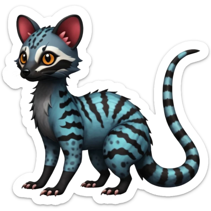Rare warm-colored exotic edgy cute epic aesthetic spooky dark colorful Genet-Salandit-Civet-species-Fakemon-hybrid-creature, with beautiful intricate markings, full body sticker