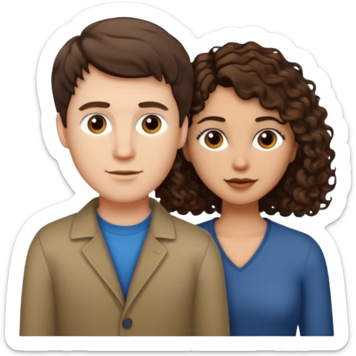 white male with short, straight, medium brown hair, shorter mixed toned woman with long curly dark brown hair  sticker