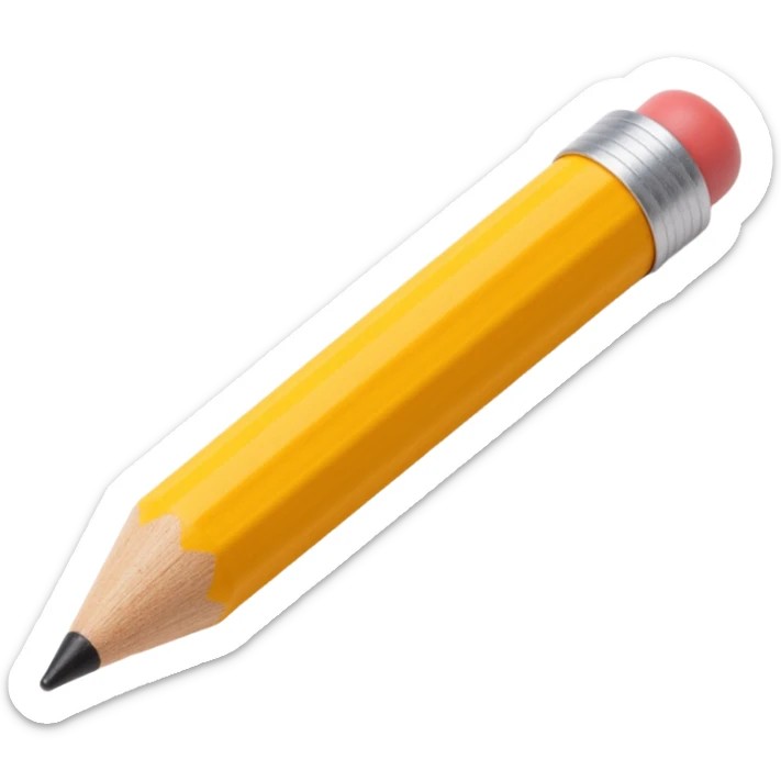 wooden pencil icon in skeuomorphism style, realistic wood grain and shiny yellow paint finish sticker
