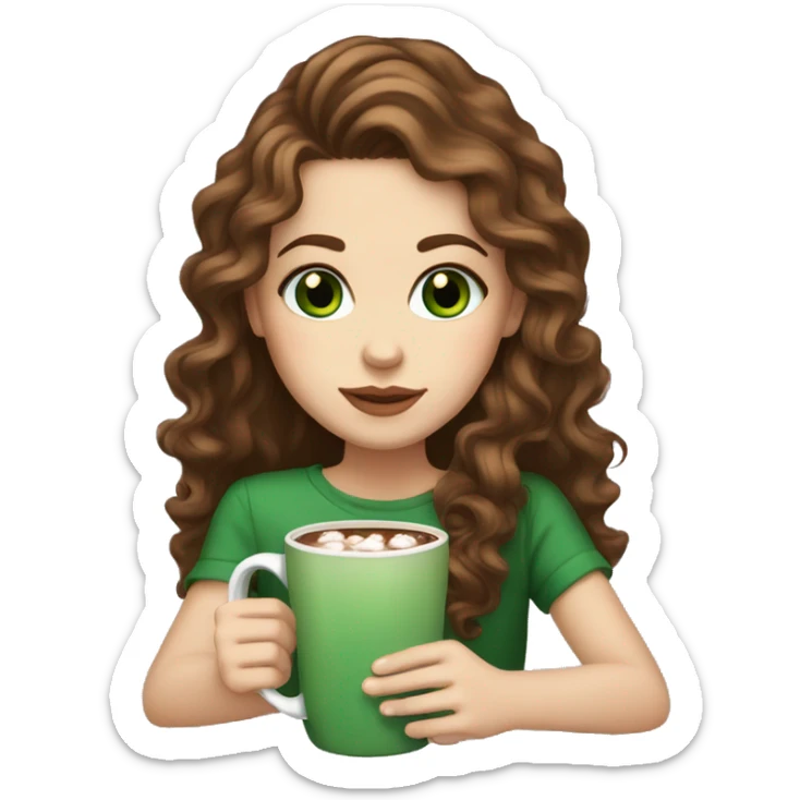White Girl with Green Eyes, Long brown hair with curls and a Hot chocolate  sticker