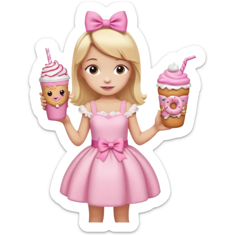 A little girl with a Dunkin' milkshake and a donut with pink frosting and marshmallows, wearing a pink coquette-style dress with bows and blonde hair. sticker