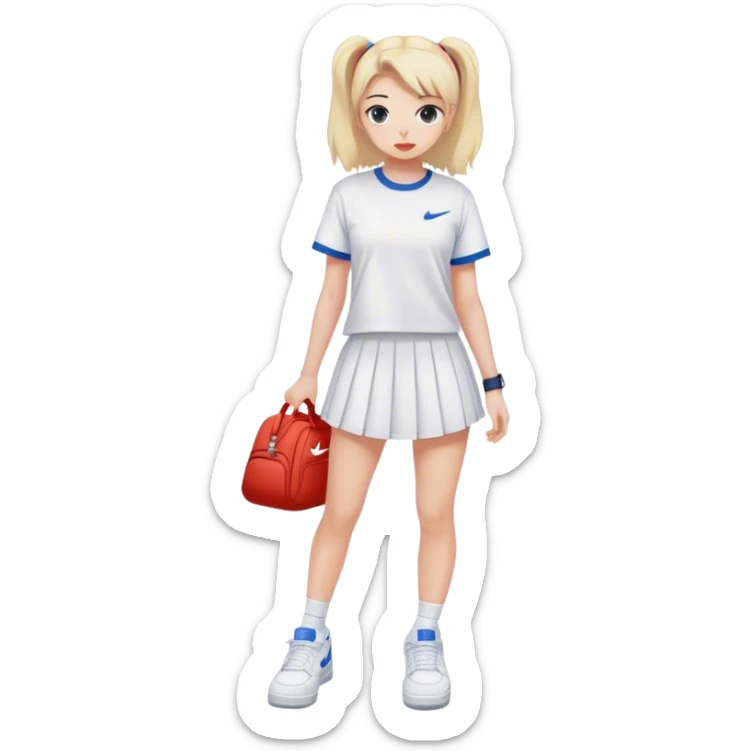 A cute girl wearing a tennis skirt, baggy T shirt, and Nike Air Force ones sticker