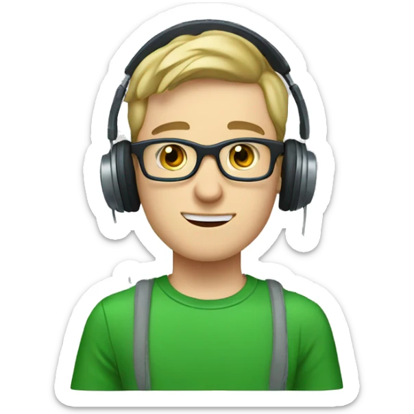 white young man with square glasses and blue eyes wearing green t-shirt with laptop and headphones sticker
