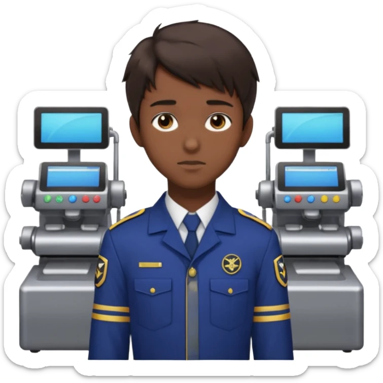 A 20-year-old man with dark brown hair, anime style, dark brown eyes, his hair on the right side is normal and straight, while the left side extends sideways. He is wearing a collared uniform. The background is filled with machines. sticker