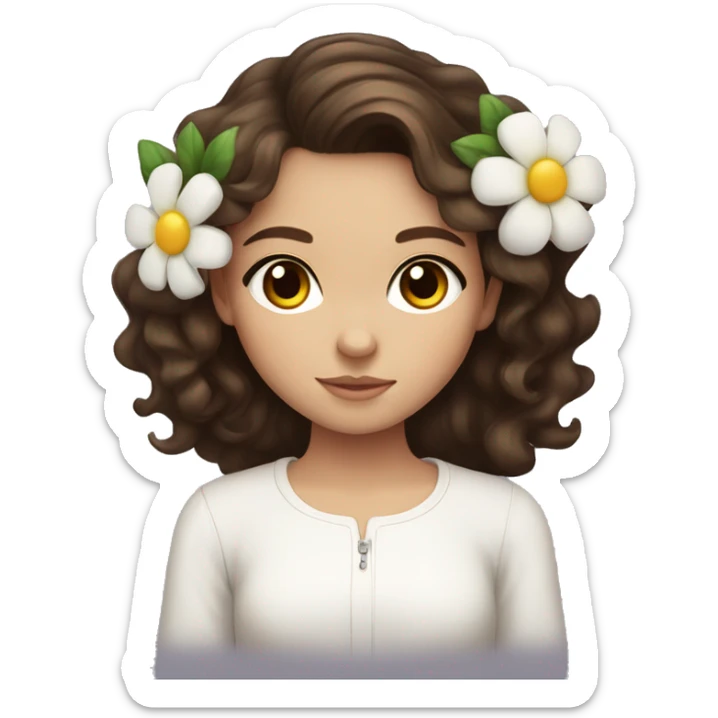 Brunette haired girl with wavy hair, dark brown and big eyes with a flower in her hair and a white long sleeve  sticker