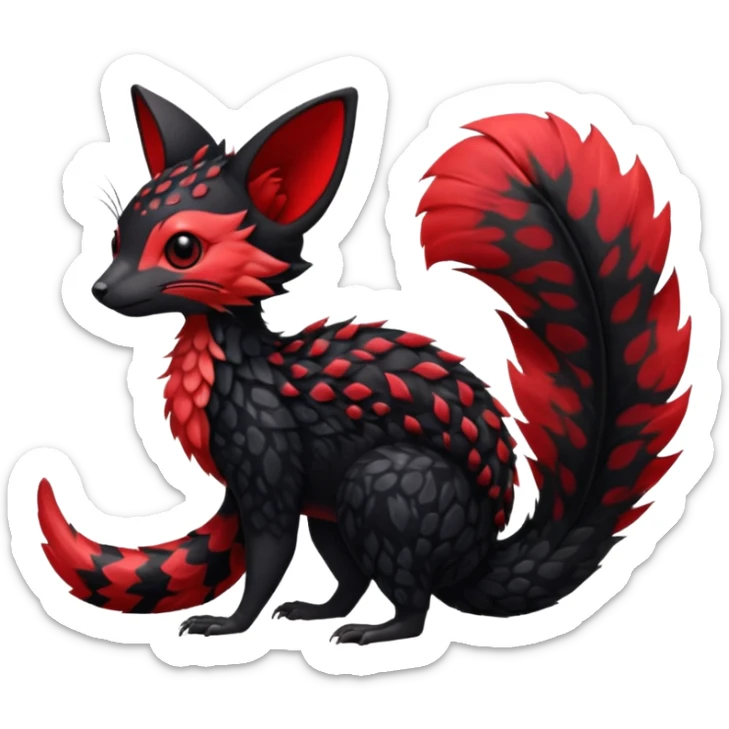Feral Rare Fantasy shiny soft fuzzy furry vibrant tropical obsidian-black and crimson-red Vernid-Trico-species-creature by LiLaiRa, random markings, tufted tail, tufted ears, full body with markings sticker