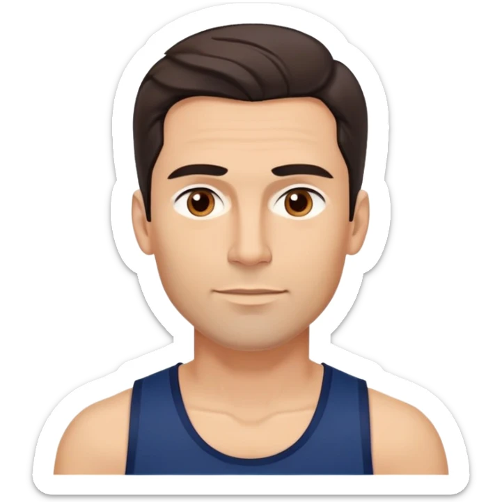 Youthful-looking athletic 40-year-old man with light brown skin, elongated face, defined jawline, attractive features, medium dark eyes, arched eyebrows, straight nose, confident expression, medium wavy dark hair with modern style, wearing a navy blue tank top sticker