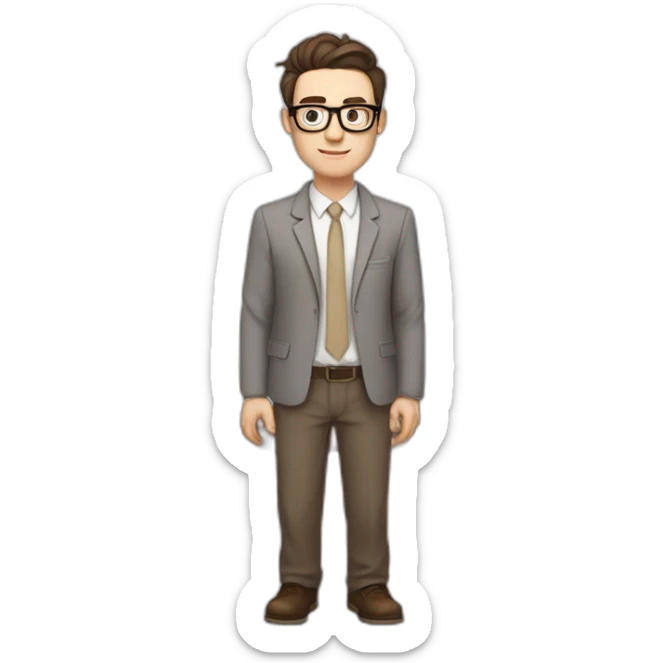Pale skinned fit man with dark brown hair in gray jacket, beige office shirt, brown tie, brown pants and vintage glasses Writing on the flipchart sticker