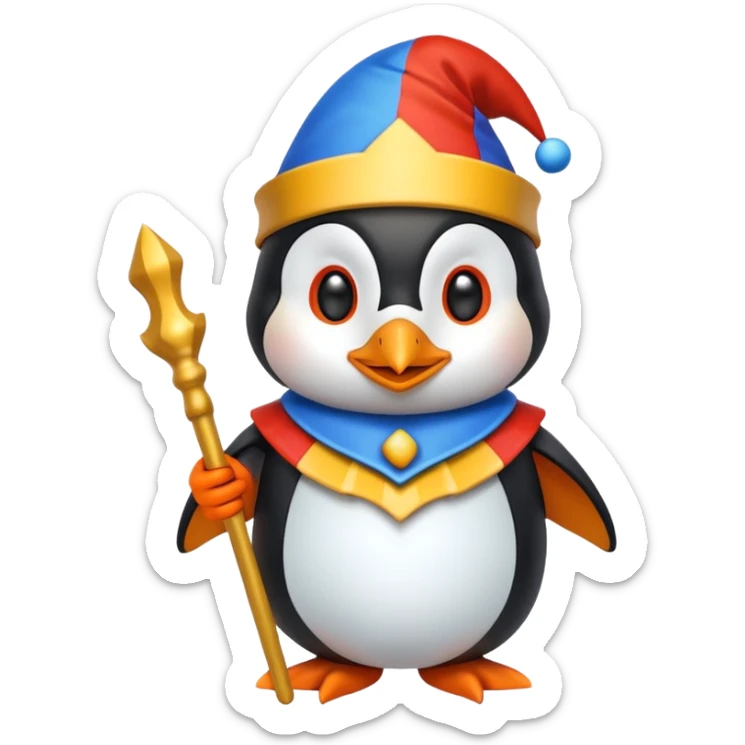 crazy colorful cute penguin jolly joker, medieval, vintage, court jester, mac os icon, blue color sticker