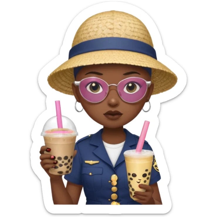 A Angry Teen Female with Dark skin and Bald, wearing a Uniform outfit, a Sunhat, Sunglasses, carrying a Enchanted staff, working as a teacher, while drinking Bubble tea and reading a Comic.
 sticker