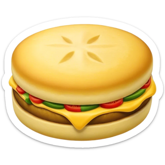 Cinematic Realistic Arepas Dish Emoji, depicted as golden cornmeal cakes filled with savory ingredients rendered with lifelike textures and warm, inviting lighting. sticker