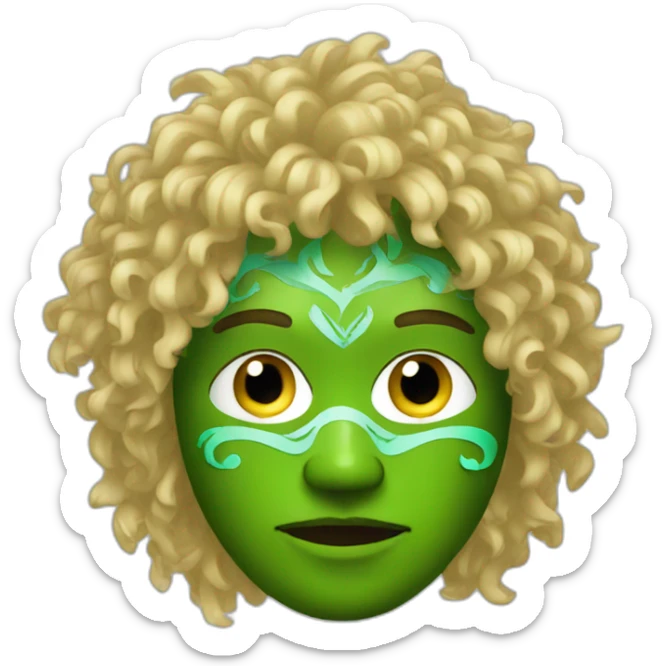A man wearing a green tribal mask with medium length blonde curly hair sticker