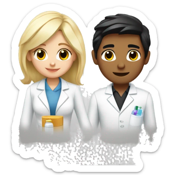 blonde female pharmacist and white male chemist with black hair in love sticker